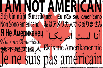 わたしはアメリカ人ではありません、と各国語でプリントされたシャツ。